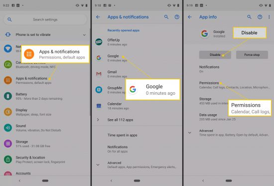 Apps & notifications, Google, Disable, and Permissions buttons in Android Settings
